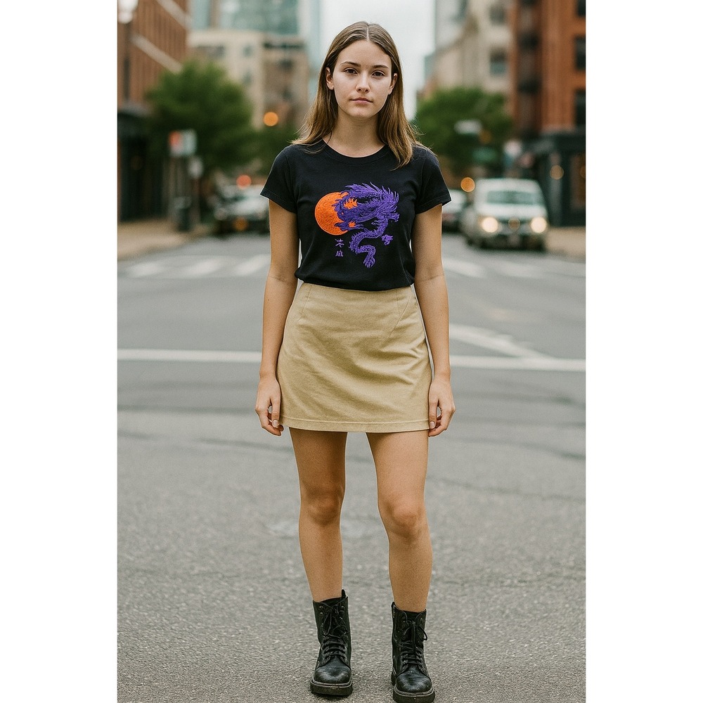 Graphic Dragon Tee Size‎ Medium Juniors Black Top and beige asymmtrical Skirt